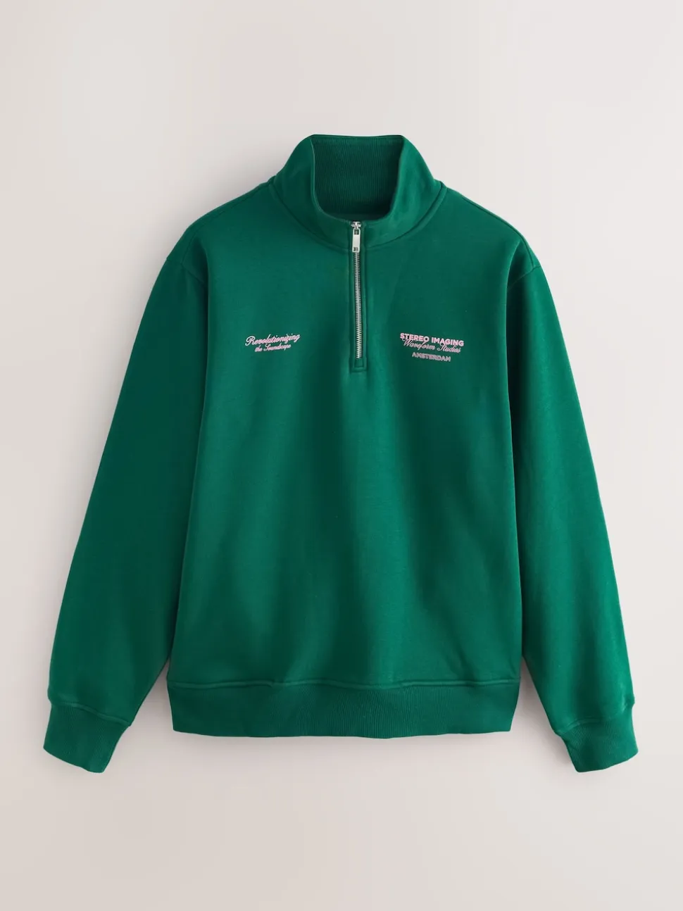 Green Simple Text Graphic Print Quarter Zip Neck Sweatshirt