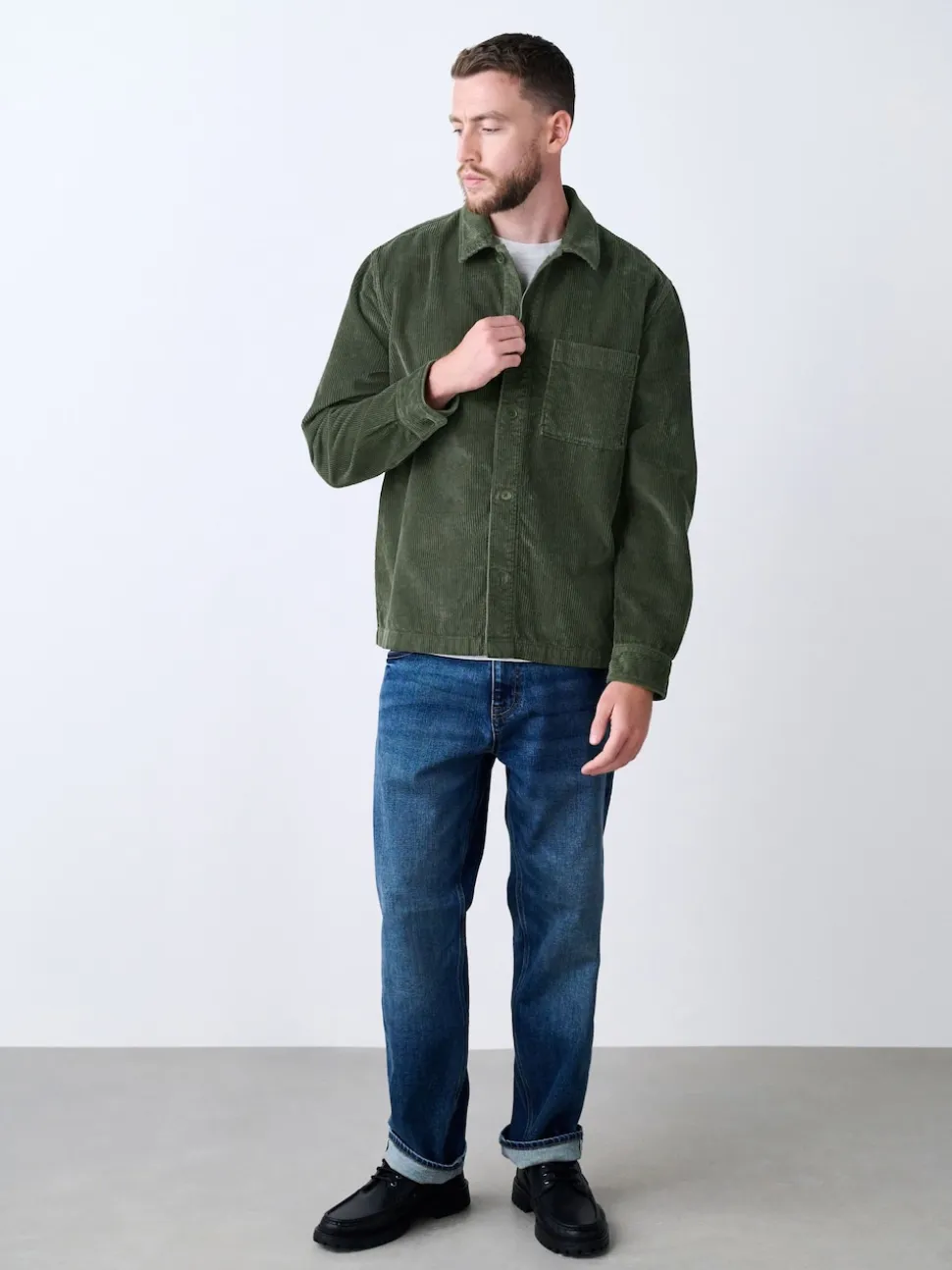 Green Single pocket Corduroy Shacket Overshirt