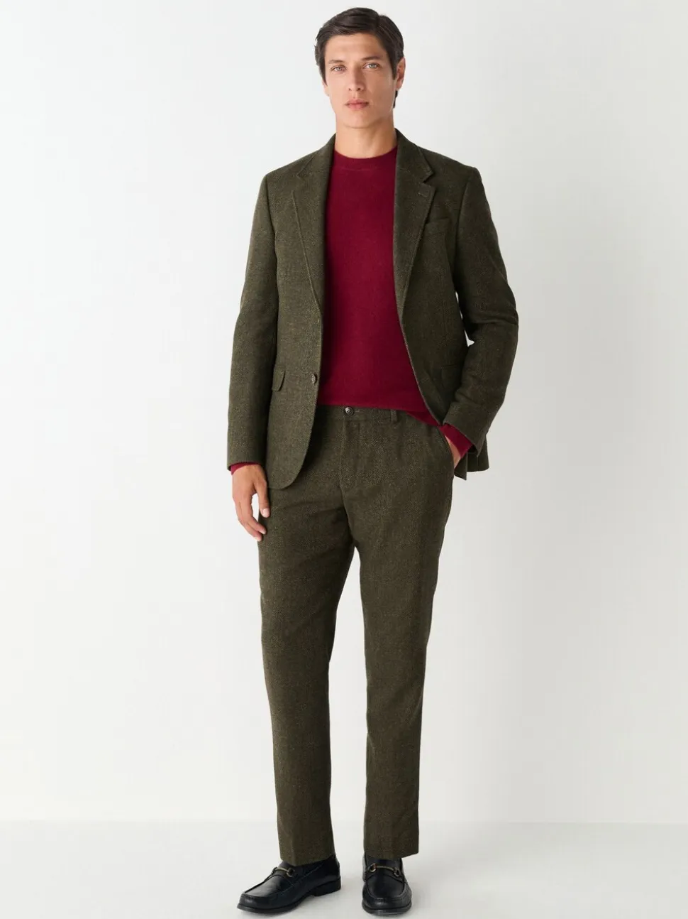 Green Slim Fit Herringbone Wool Blend Suit Trousers