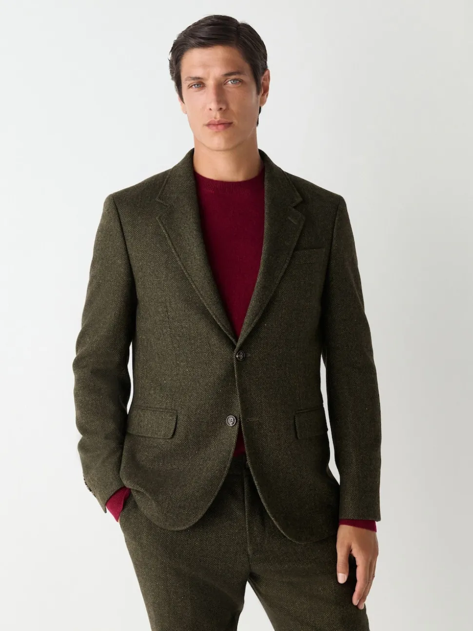 Green Slim Fit Herringbone Wool Blend Suit Jacket