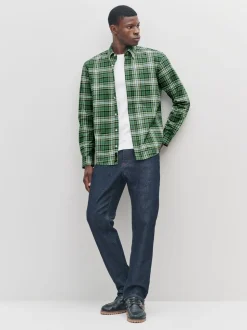 Green Slim Fit Long Sleeve Check Stretch Oxford Shirt