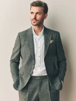 Green Slim Fit Nova Fides Italian Linen Blend Fabric Suit Jacket