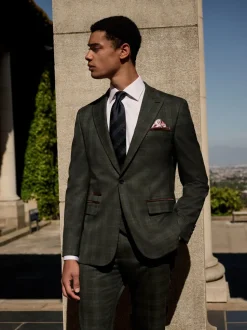 Green Slim Fit Trimmed Check Suit Jacket