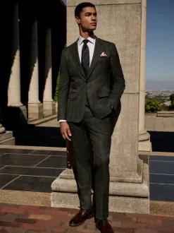 Green Slim Fit Trimmed Check Suit Jacket