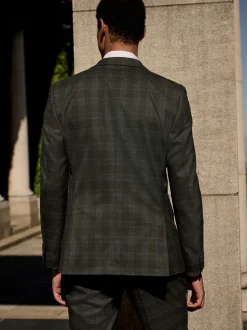 Green Slim Fit Trimmed Check Suit Jacket