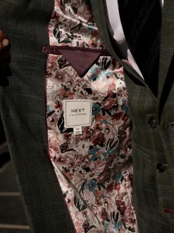 Green Slim Fit Trimmed Check Suit Jacket