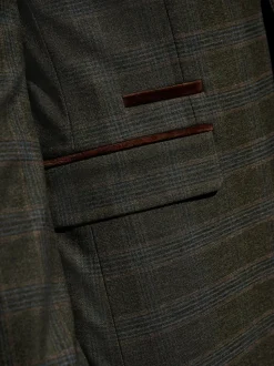 Green Slim Fit Trimmed Check Suit Jacket