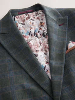 Green Slim Fit Trimmed Check Suit Jacket