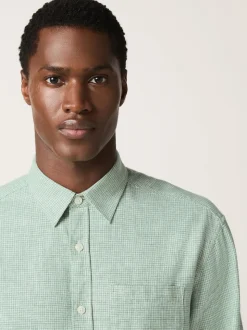 Green Standard Collar Cotton Linen Blend Long Sleeve Shirt