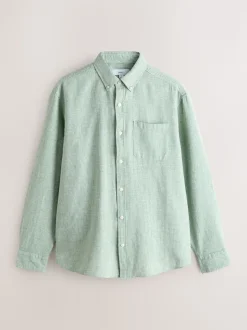 Green Standard Collar Cotton Linen Blend Long Sleeve Shirt