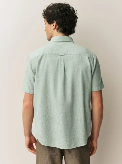 Green Standard Collar Cotton Linen Blend Short Sleeve Shirt
