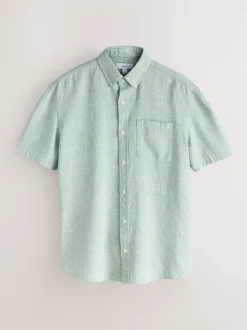 Green Standard Collar Cotton Linen Blend Short Sleeve Shirt