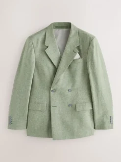 Green Tailored Fit Textured Linen Double Breasted Suit Jacket