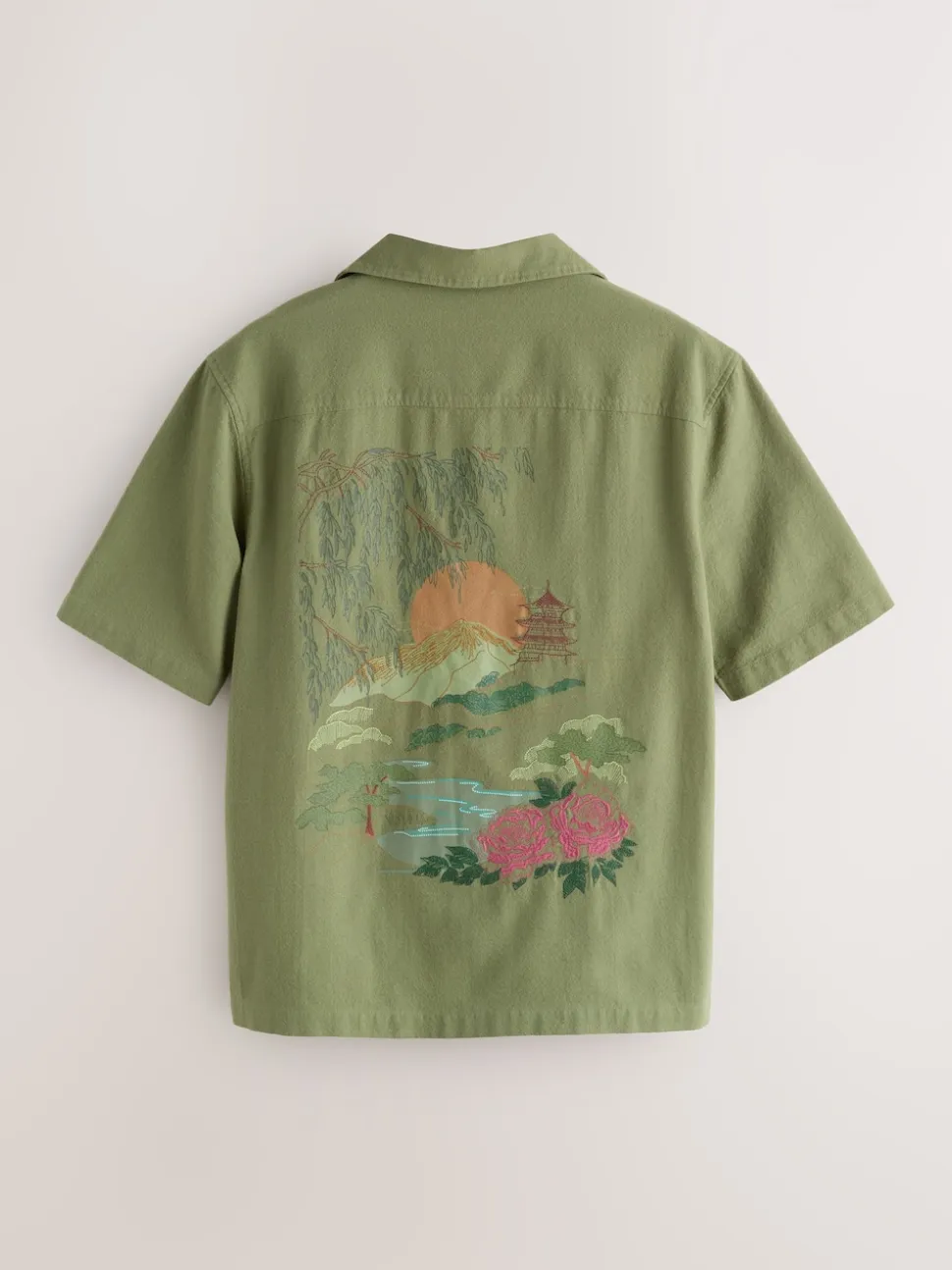 Green Textured Embroidered Japanese Print Short Sleeve Shirt
