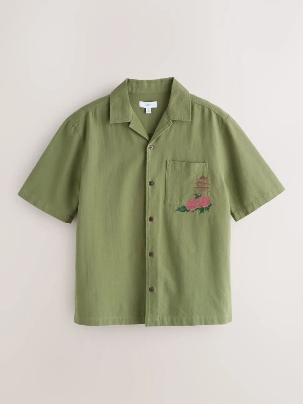 Green Textured Embroidered Japanese Print Short Sleeve Shirt