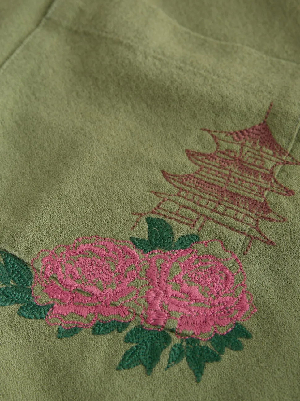 Green Textured Embroidered Japanese Print Short Sleeve Shirt