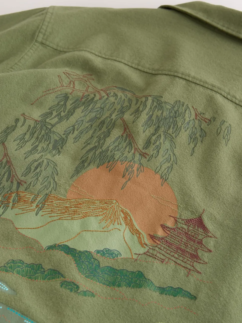 Green Textured Embroidered Japanese Print Short Sleeve Shirt