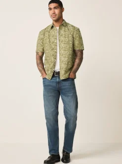 Green Textured Embroidered Tile Short Sleeve Shirt