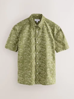 Green Textured Embroidered Tile Short Sleeve Shirt