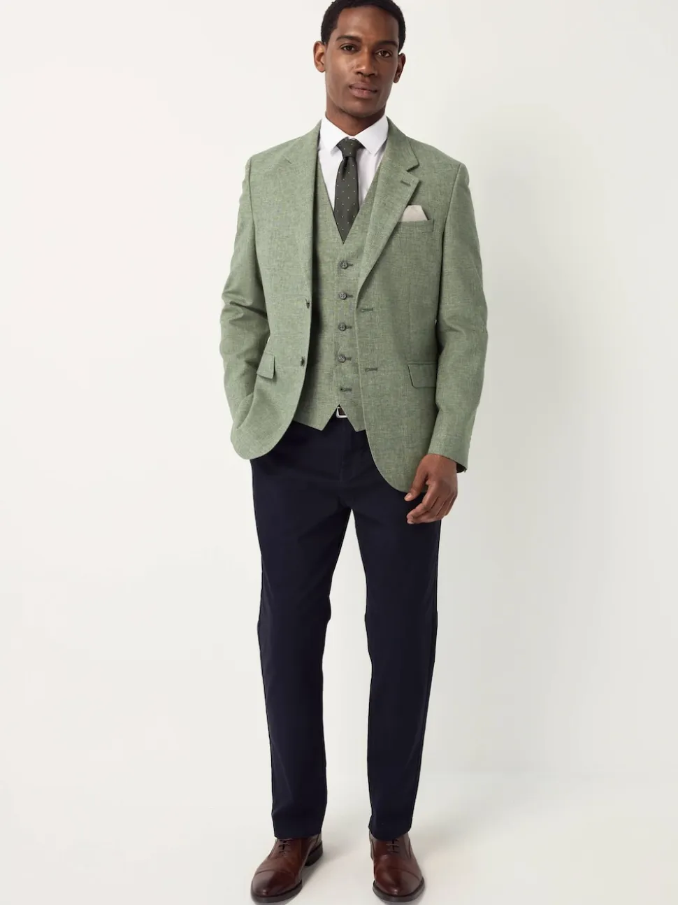 Green Textured Linen Suit Waistcoat