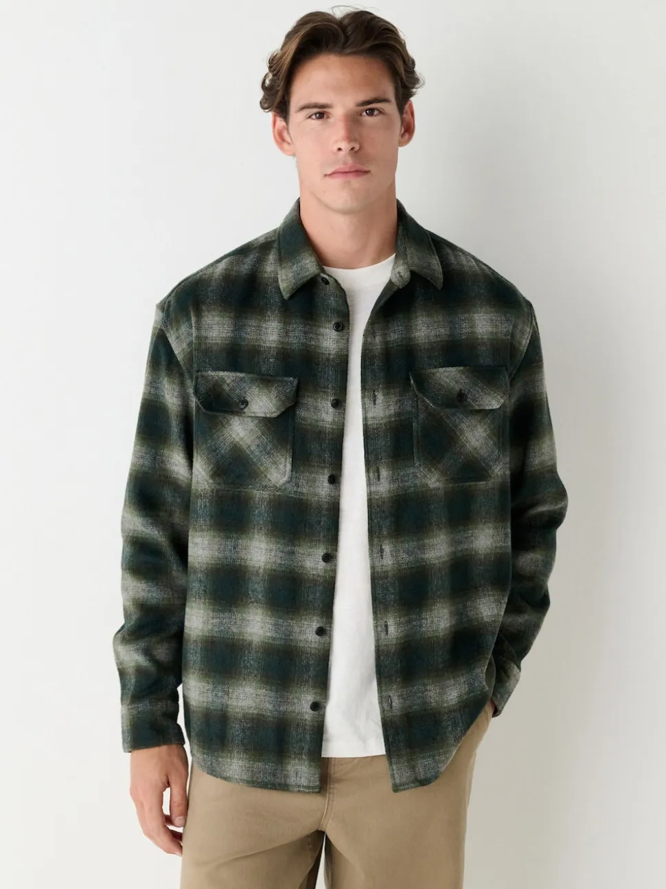Green Twin Pocket Long Sleeve Check Overshirt