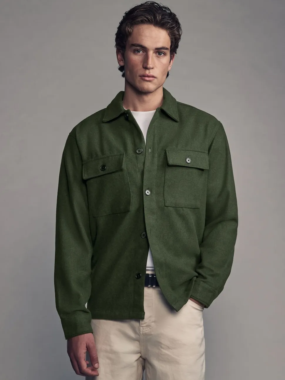 Green Twin Pocket Shacket Overshirt with Wool