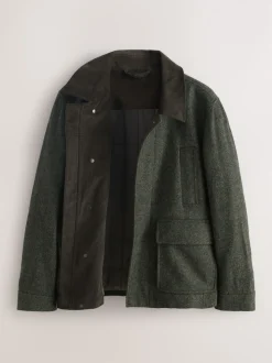 Green Wool Blend Herringbone Quilted Corduroy Collar Jacket
