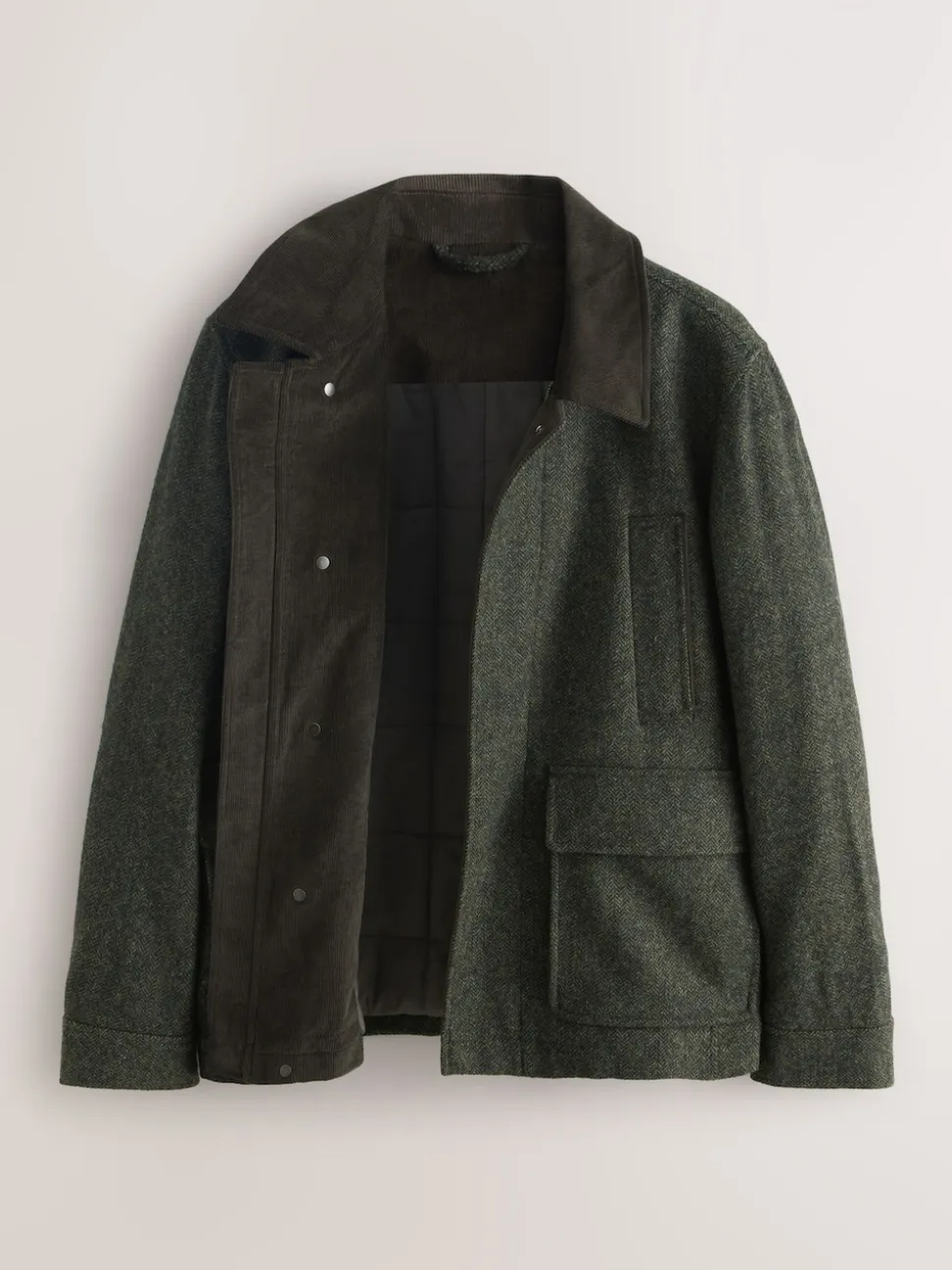 Green Wool Blend Herringbone Quilted Corduroy Collar Jacket