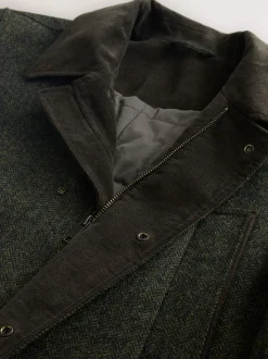 Green Wool Blend Herringbone Quilted Corduroy Collar Jacket