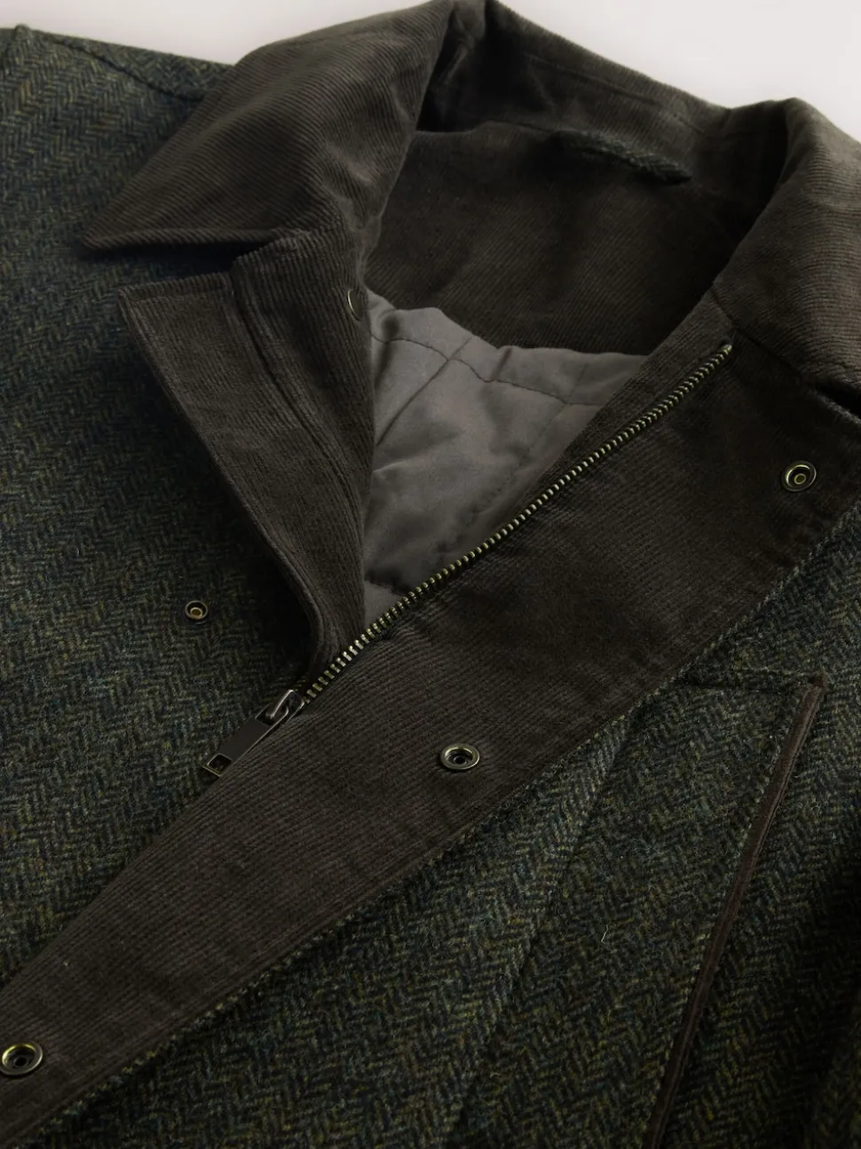Green Wool Blend Herringbone Quilted Corduroy Collar Jacket