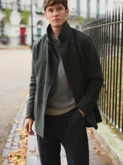 Green Wool Rich Double Breasted Funnel Coat