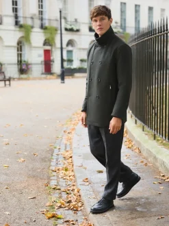 Green Wool Rich Double Breasted Funnel Coat