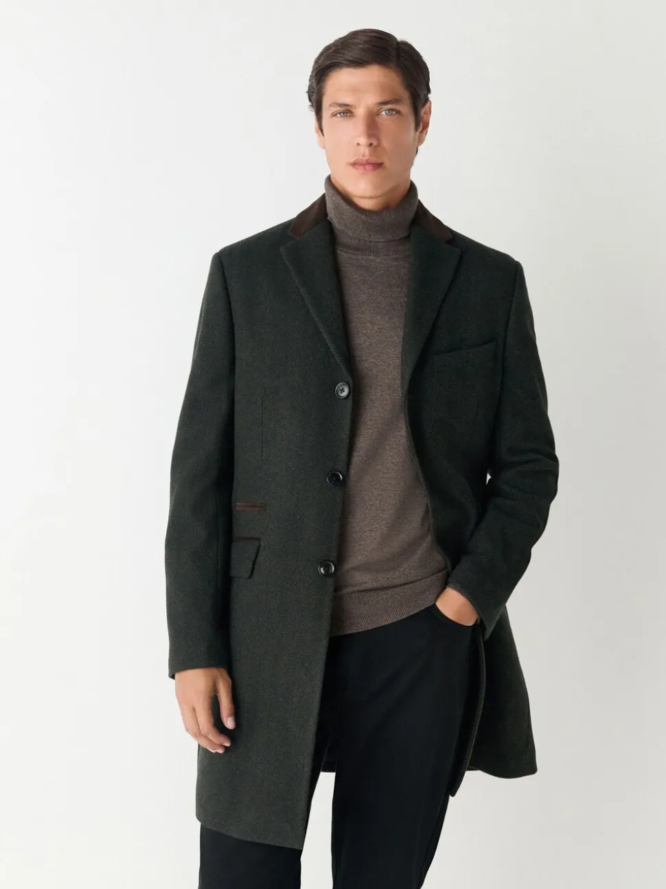 Green Wool Rich Epsom With Corduroy Trim Coat