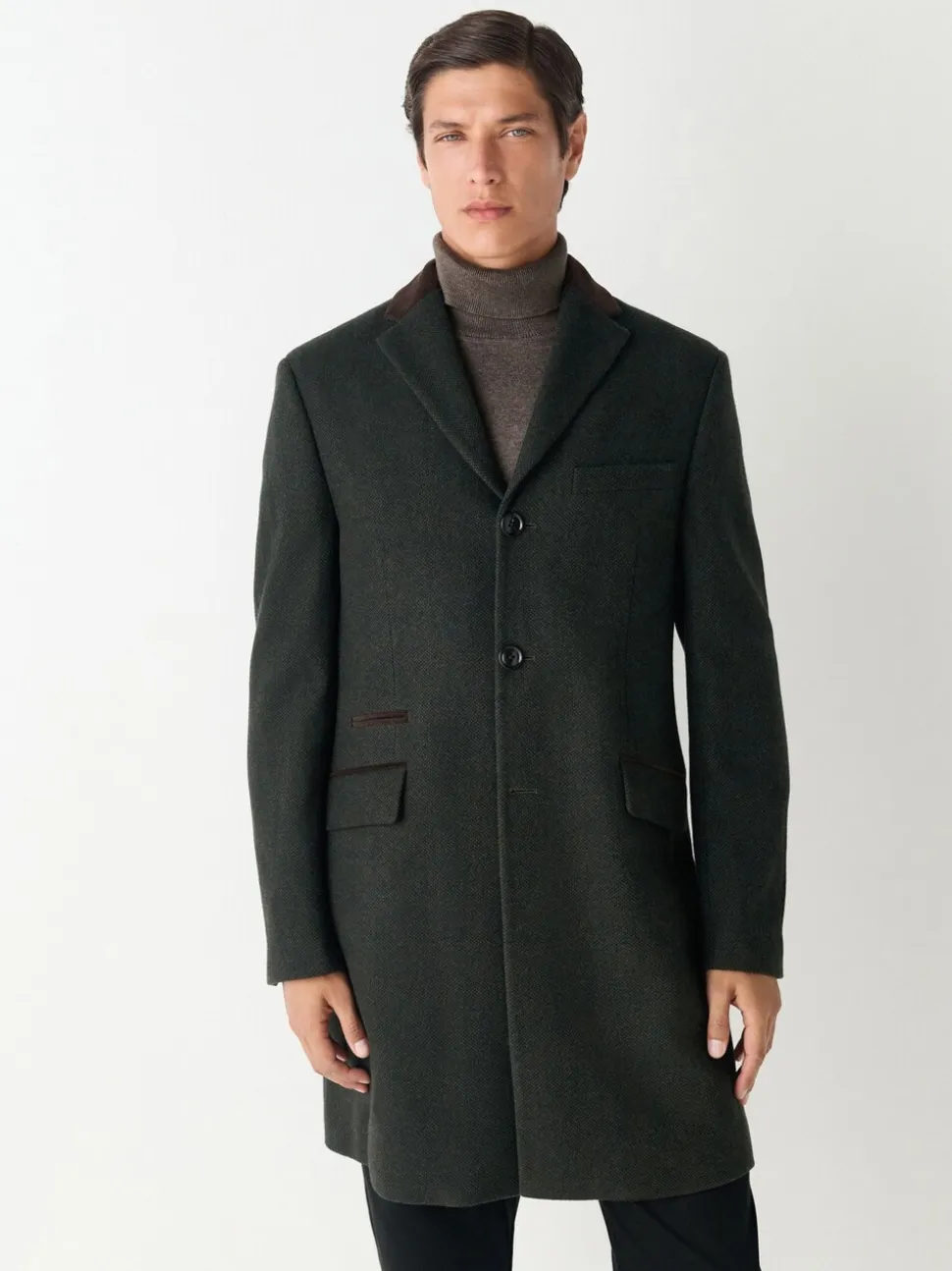 Green Wool Rich Epsom With Corduroy Trim Coat