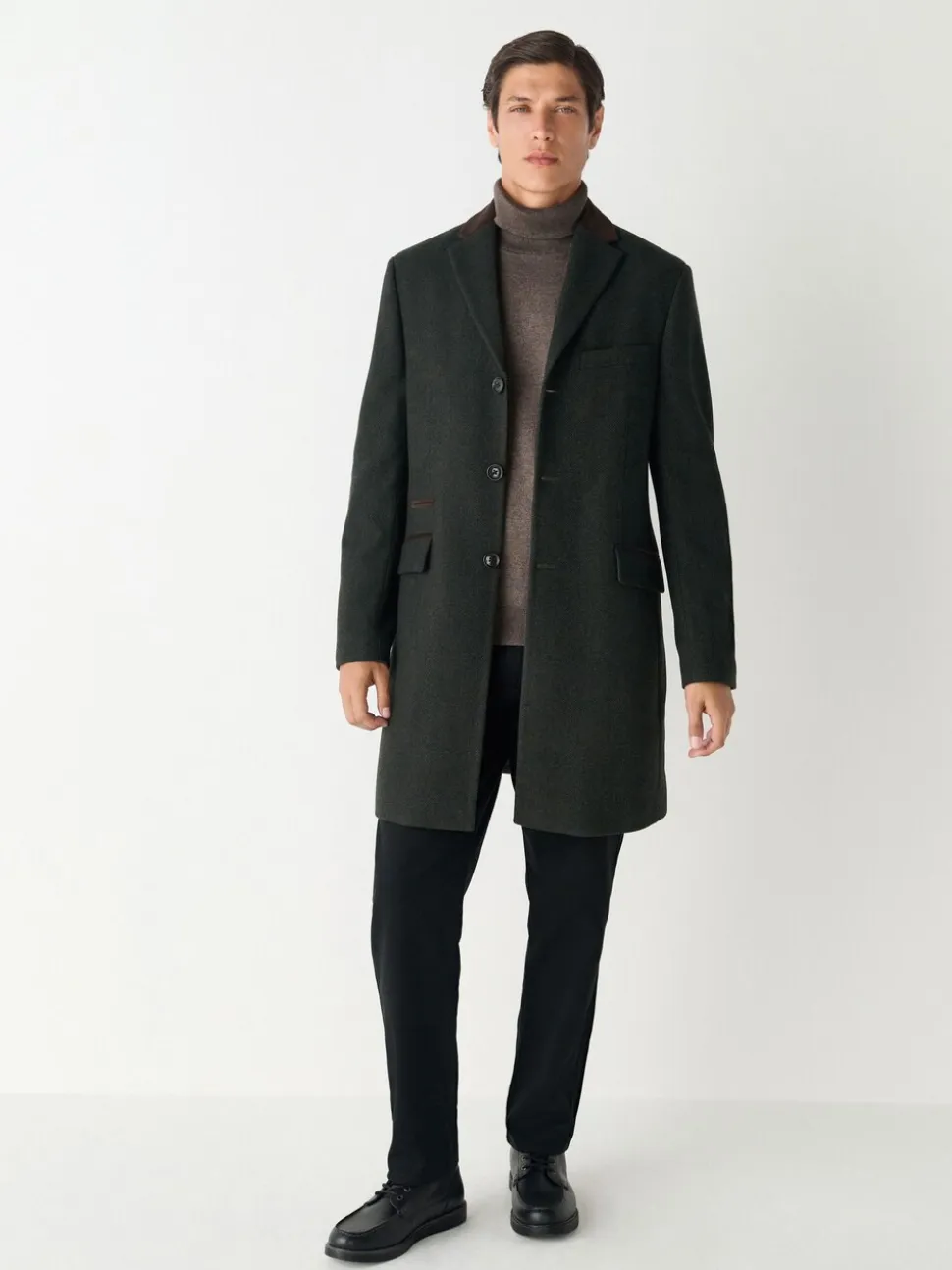 Green Wool Rich Epsom With Corduroy Trim Coat