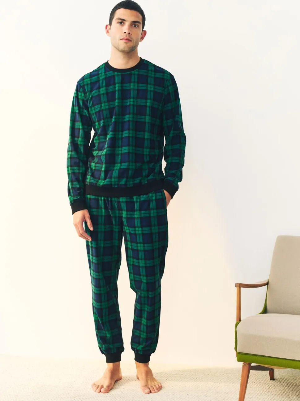 Green/Blue Check Motionflex Cosy Long Sleeve Cuffed Pyjamas Set