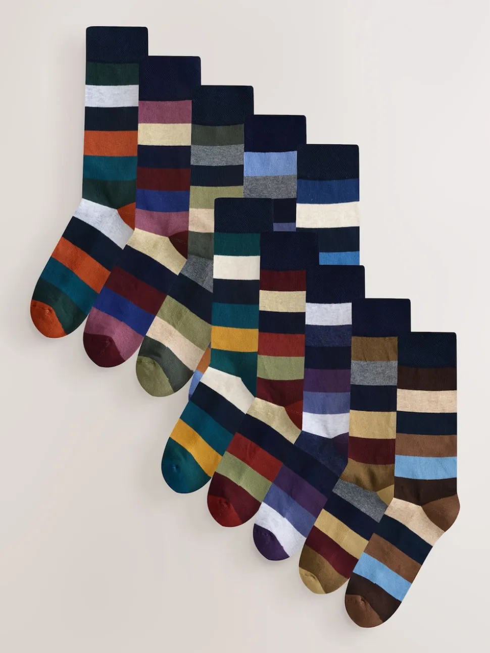 Green/Blue/Grey Striped Cushioned Sole Comfort Socks 10 Pack