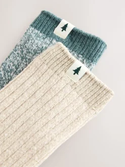 Green/Cream Twisted Matching Family Christmas Supersoft Socks 2 Pack