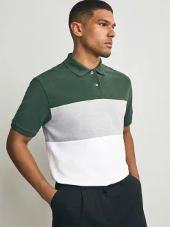 Green/Grey 100% Cotton Short Sleeve Button Up Block Polo Shirt