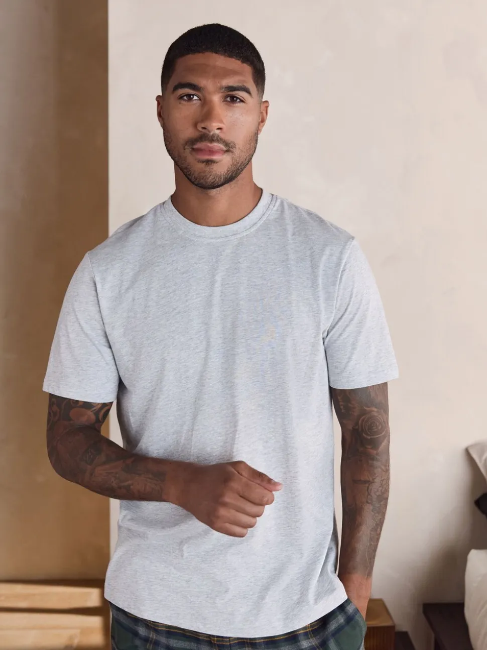 Green/Grey Marl Check Woven Short Sleeve Pyjamas Set