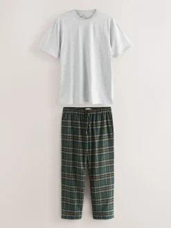 Green/Grey Marl Check Woven Short Sleeve Pyjamas Set