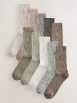 Green/Neutral Stag Embroidered Heavyweight Socks 10 Pack