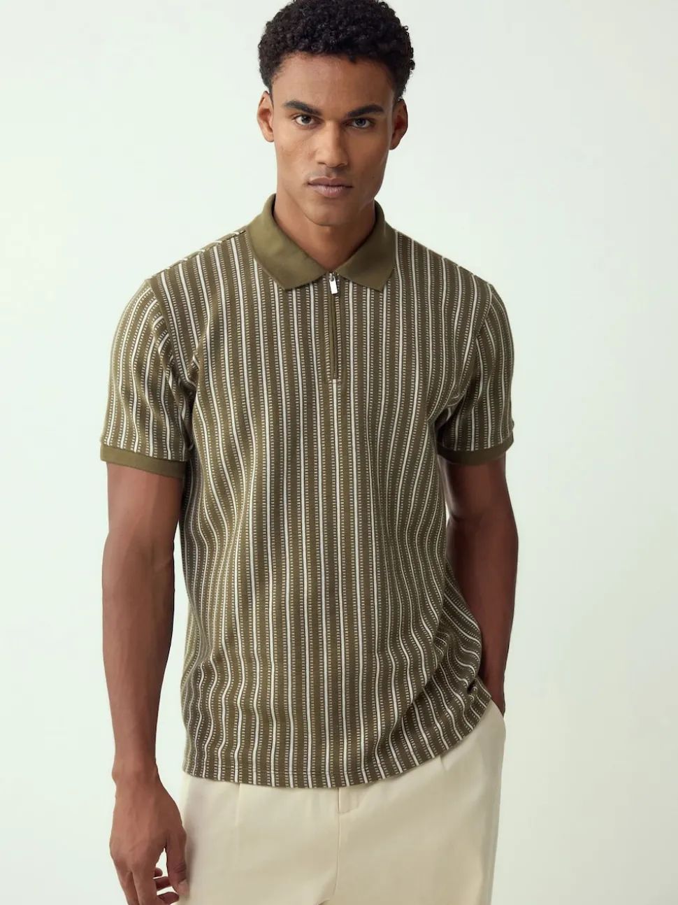Green/White Vertical Stripe Quarter Zip Polo Shirt