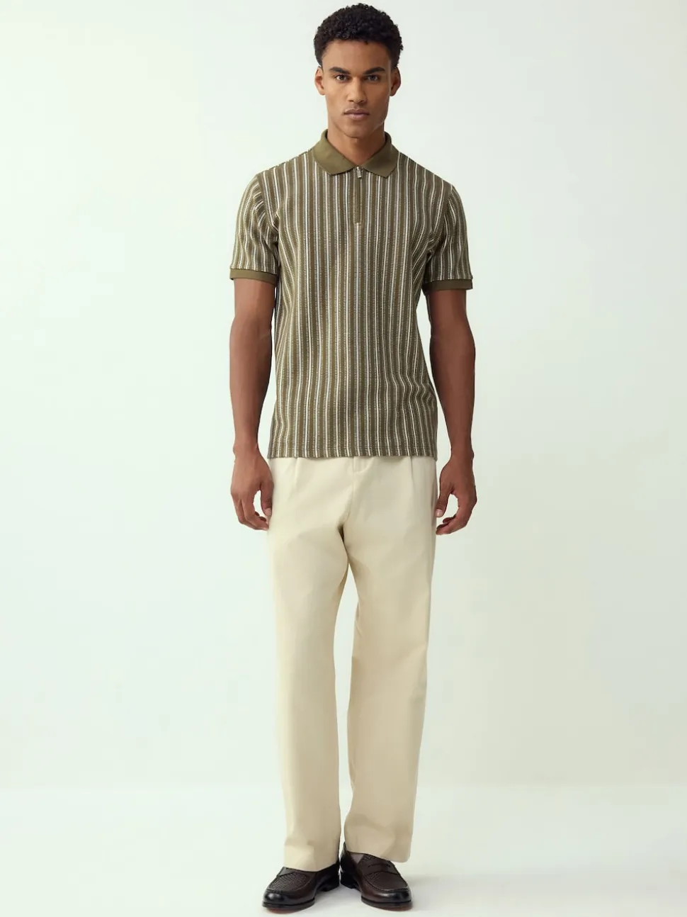 Green/White Vertical Stripe Quarter Zip Polo Shirt