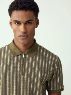 Green/White Vertical Stripe Quarter Zip Polo Shirt