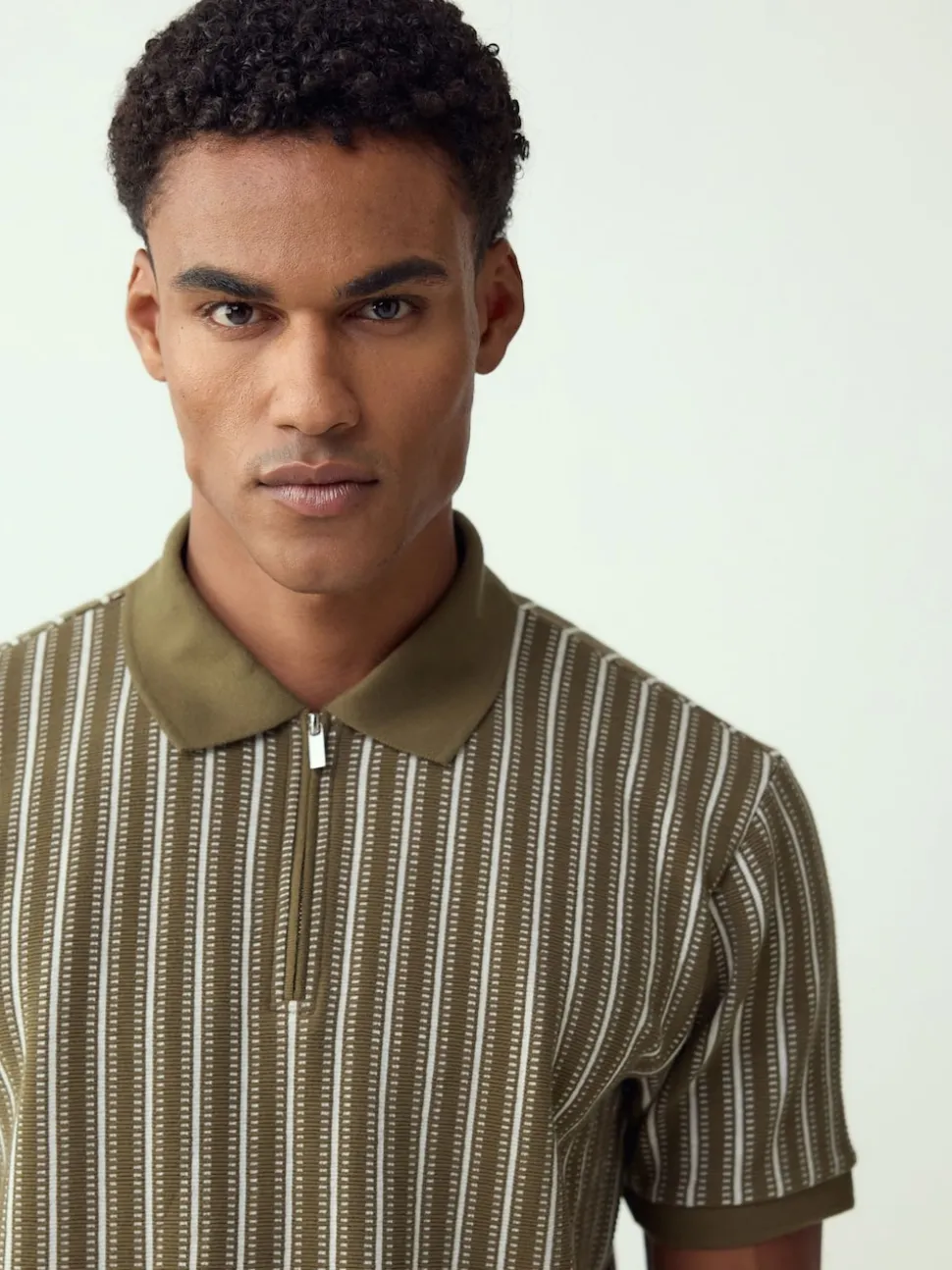 Green/White Vertical Stripe Quarter Zip Polo Shirt
