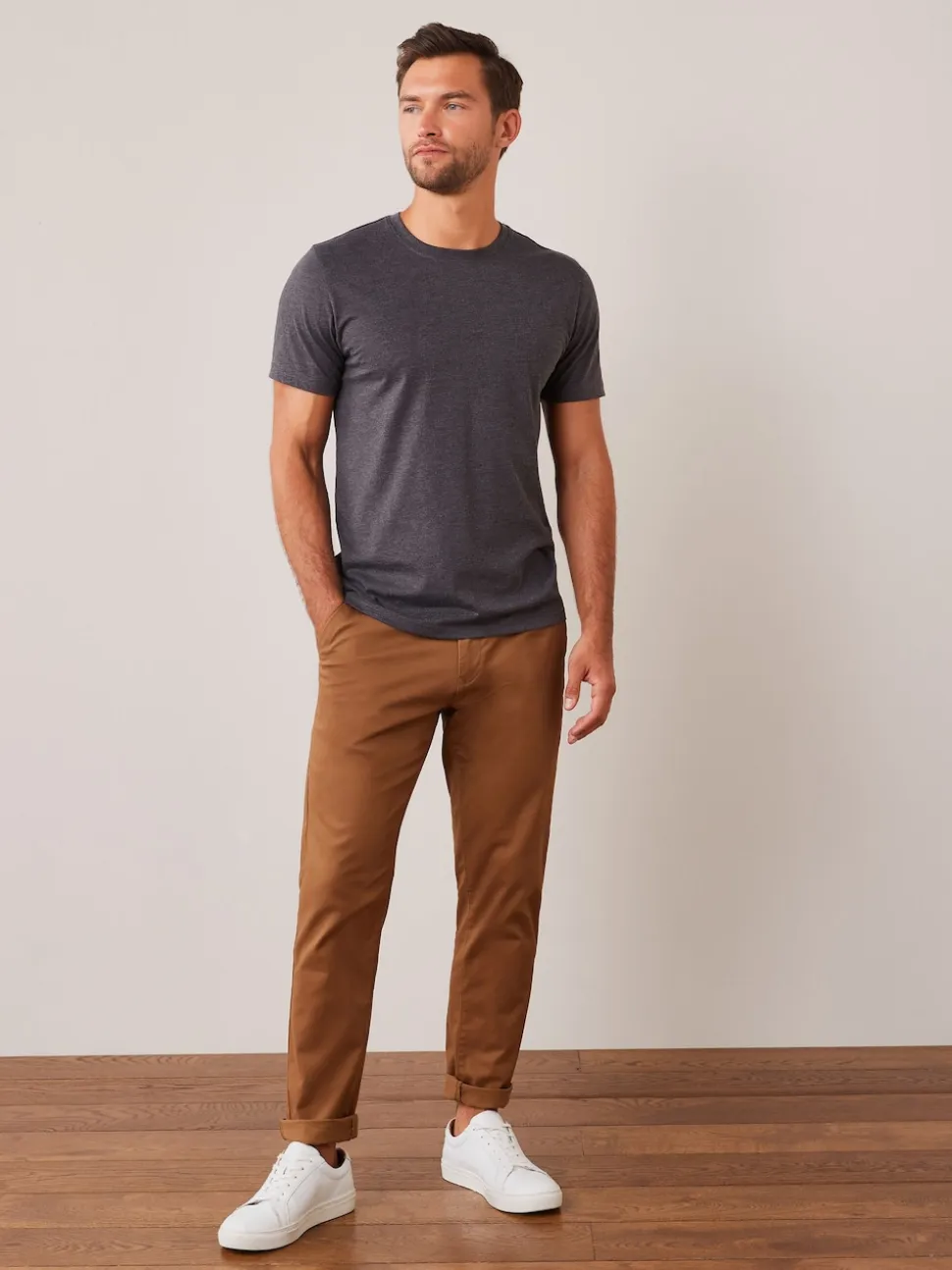 Grey Charcoal Marl Regular Fit Essential Crew Neck Cotton T-Shirt