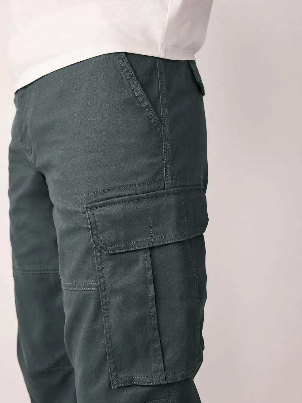 Grey Charcoal Regular Tapered Fit Cotton Stretch Cargo Trousers