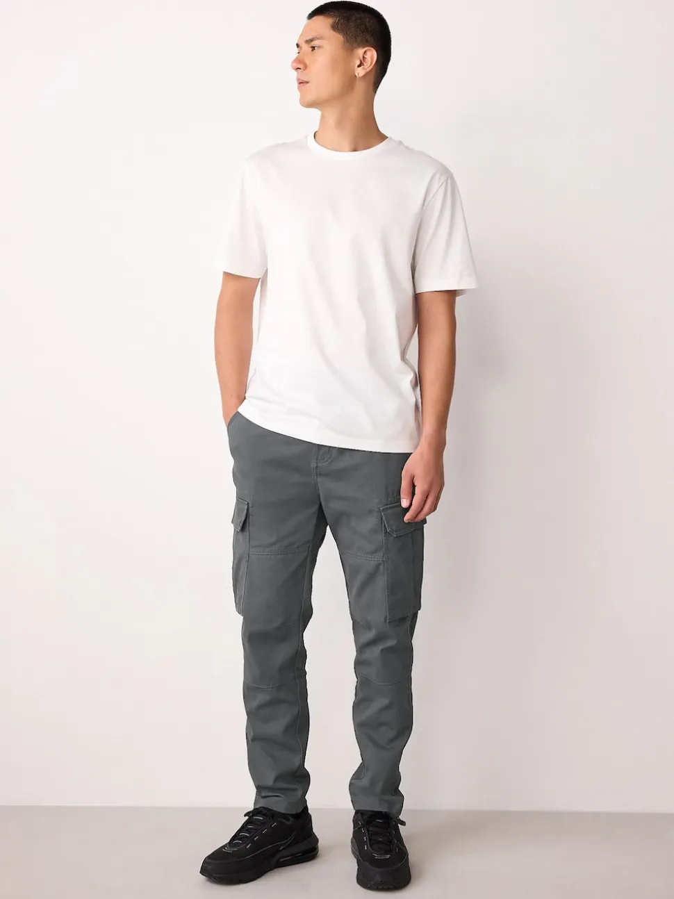 Grey Charcoal Skinny Fit Cotton Stretch Cargo Trousers