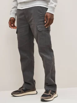 Grey Charcoal Straight Fit Cotton Stretch Cargo Trousers
